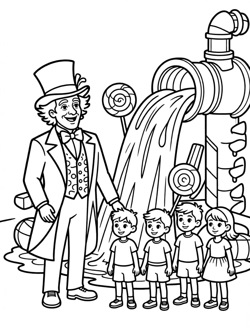Willy Wonka showing children his chocolate waterfall