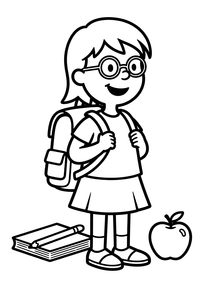 Junie B. Jones with her glasses and backpack on the first day of school