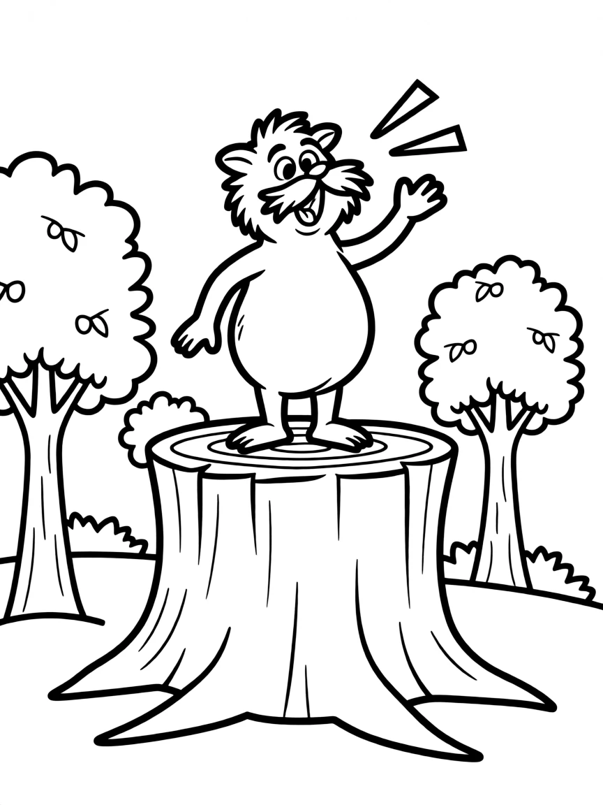 The Lorax standing on top of a tree stump speaking for the trees