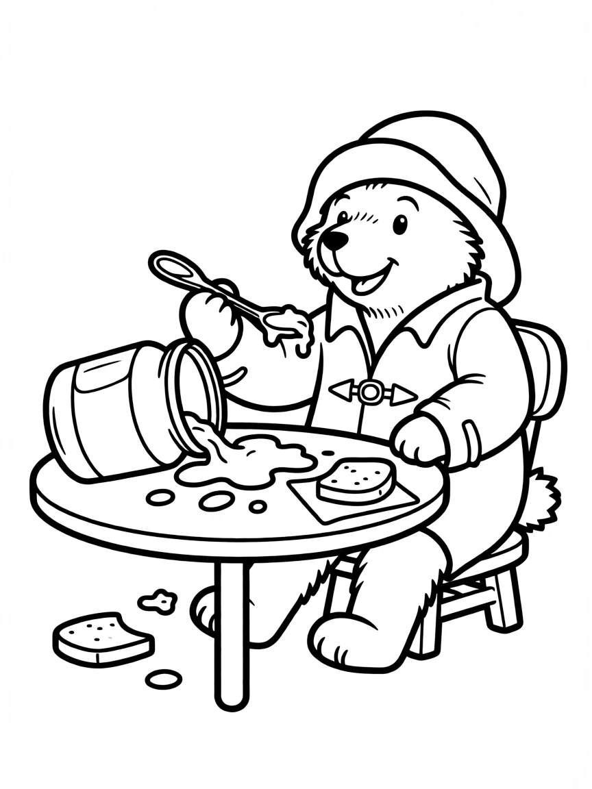 Paddington Bear making a mess while eating marmalade