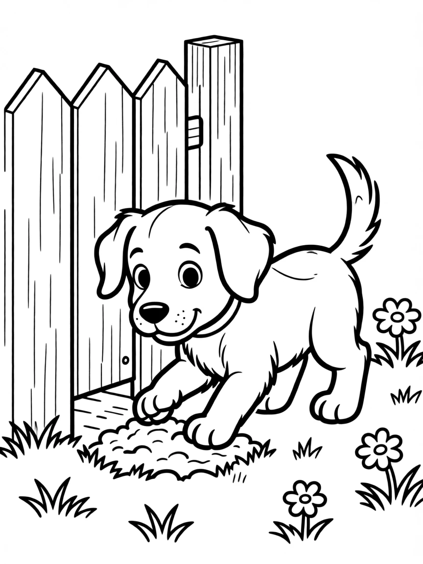 The Poky Little Puppy digging under the fence