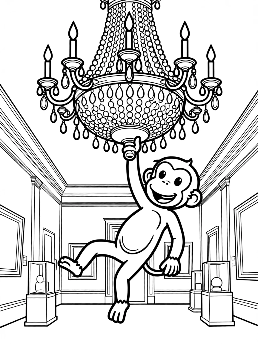 Curious George swinging from a chandelier in a museum