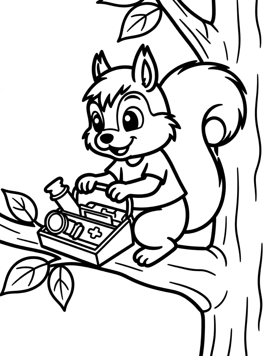 Scaredy Squirrel preparing his emergency kit in his tree