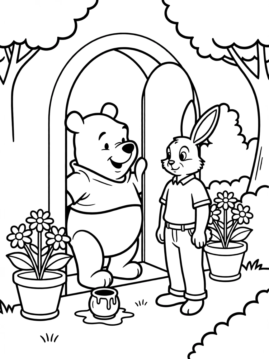 Winnie-the-Pooh stuck in Rabbit's doorway after eating too much honey