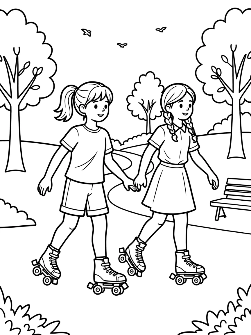 Bink and Gollie roller skating through the park