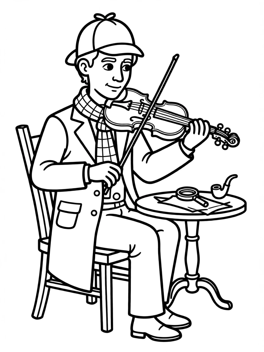Sherlock Holmes playing violin while thinking through a case