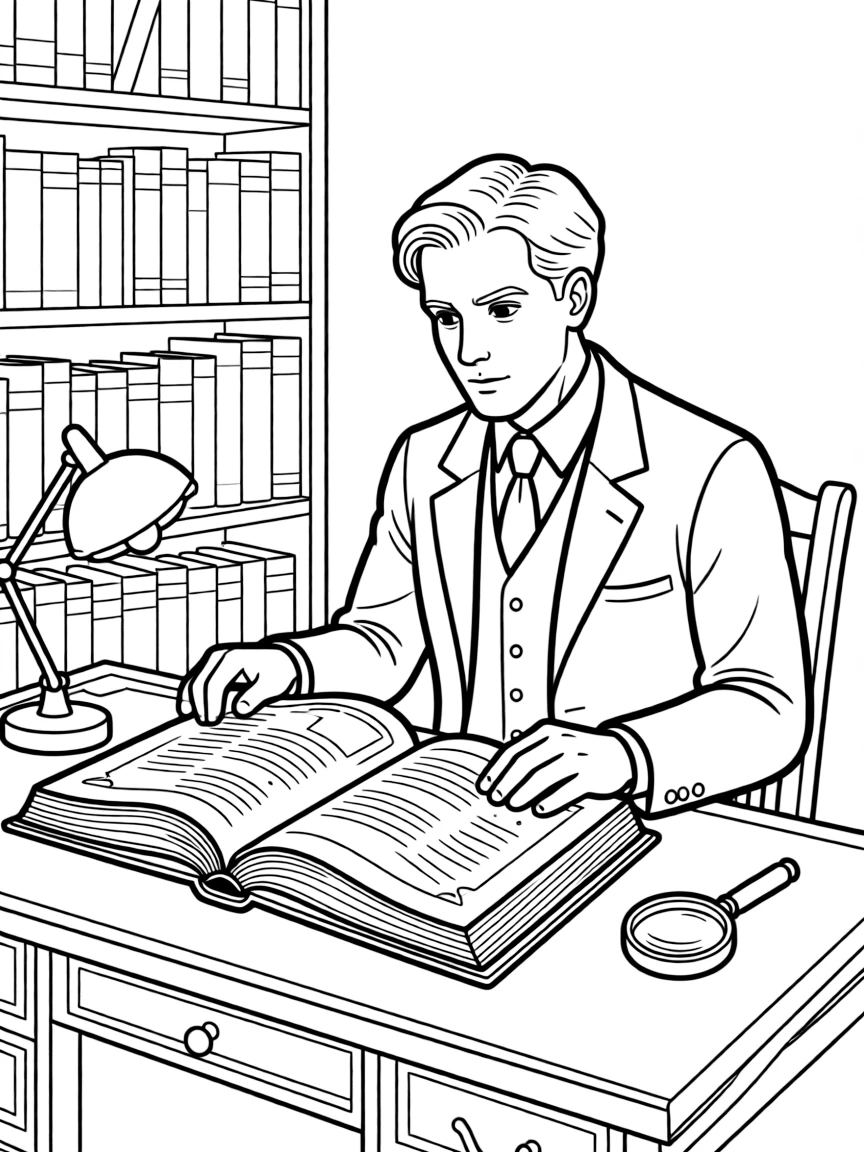 Lord Peter Wimsey examining a rare book for clues