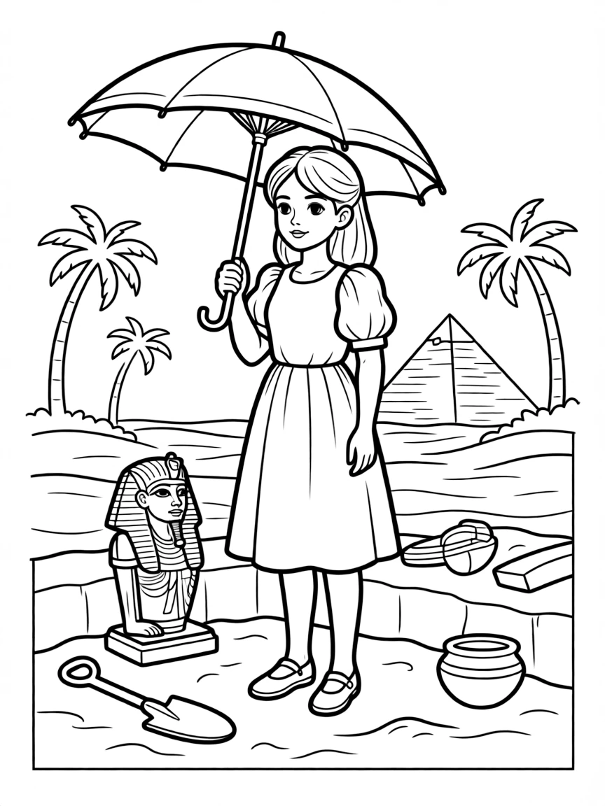 Amelia Peabody with her parasol at an Egyptian excavation