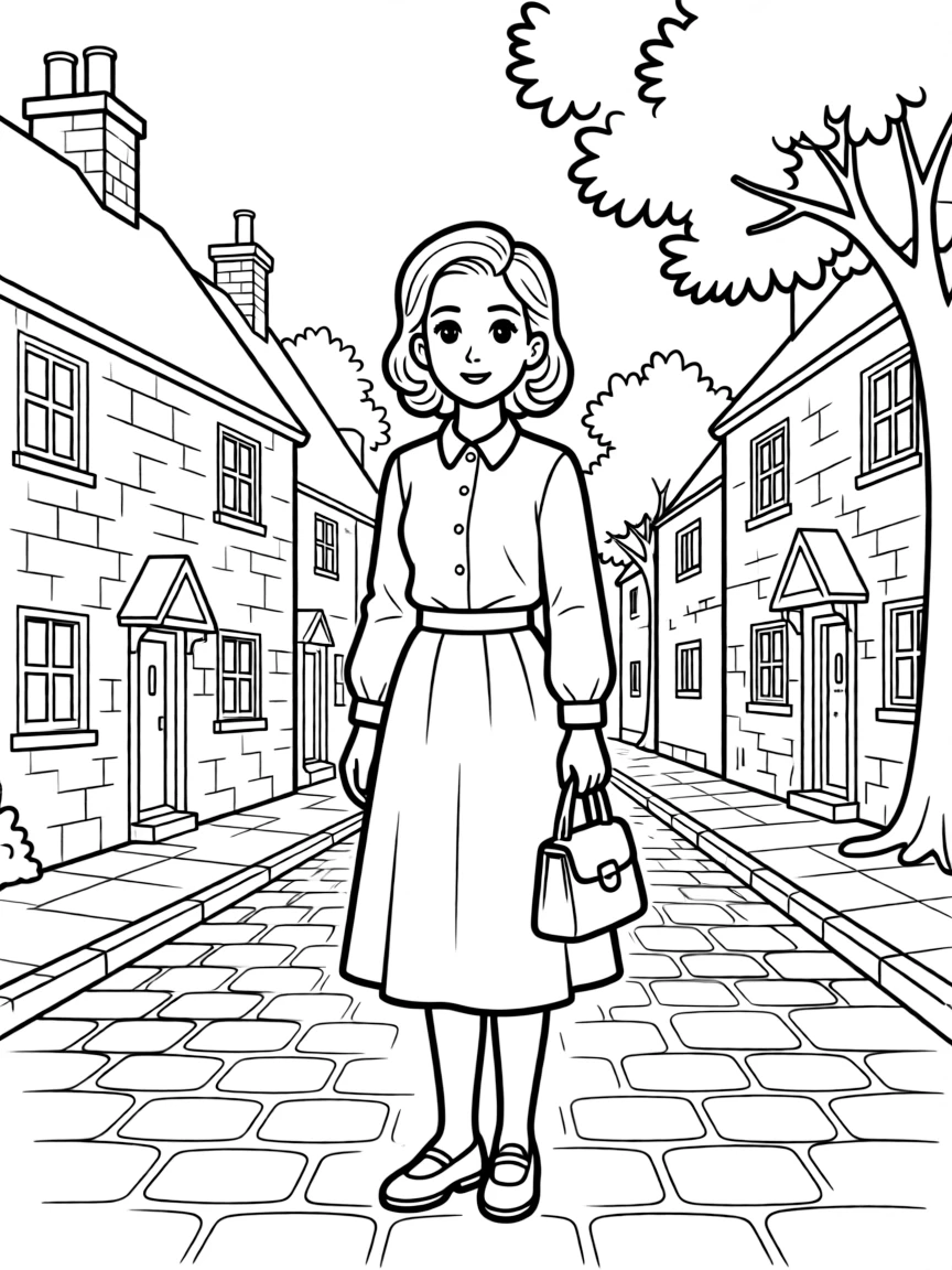 Agatha Raisin with her city clothes standing out in a Cotswold village