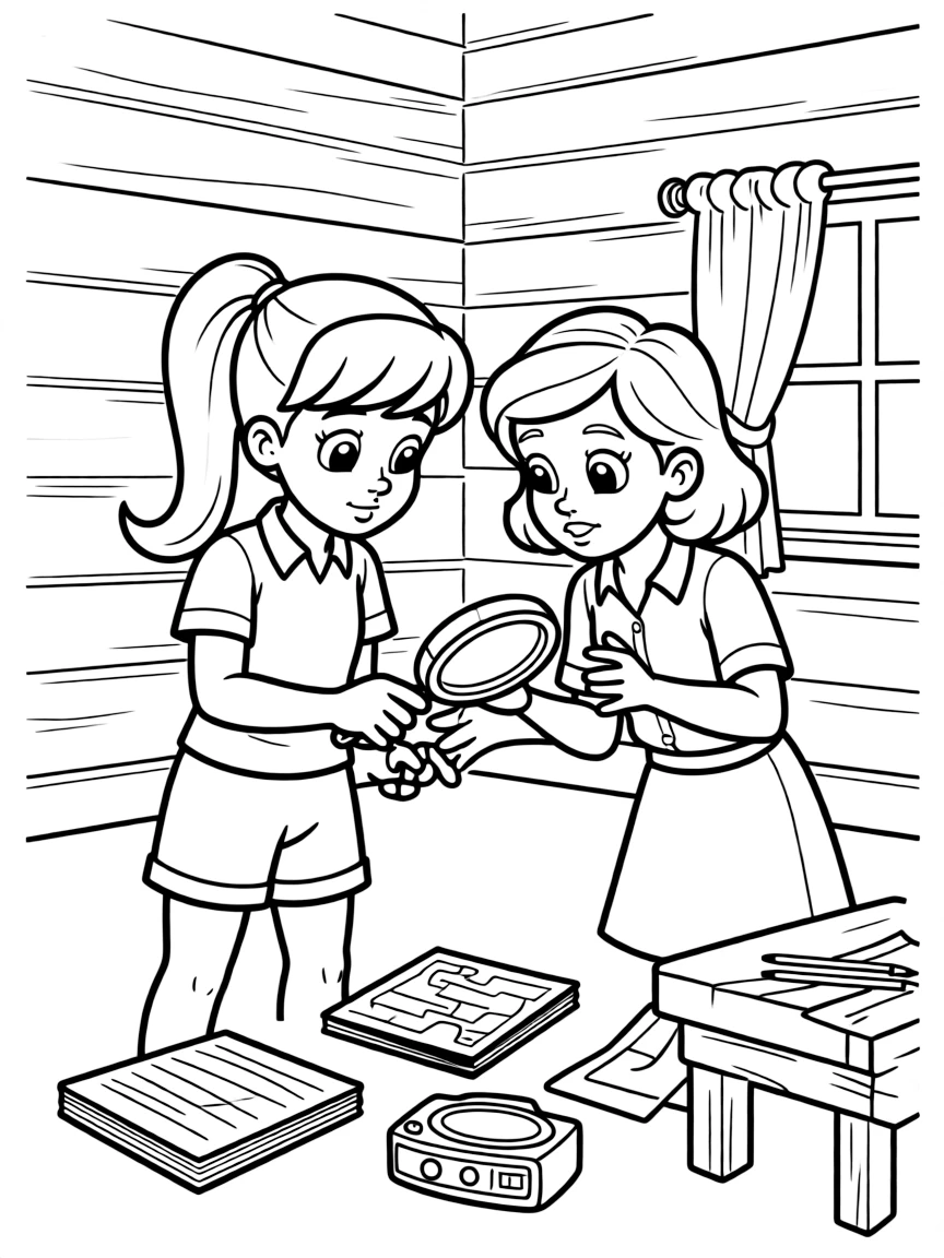 Trixie Belden and Honey Wheeler discovering clues in their clubhouse
