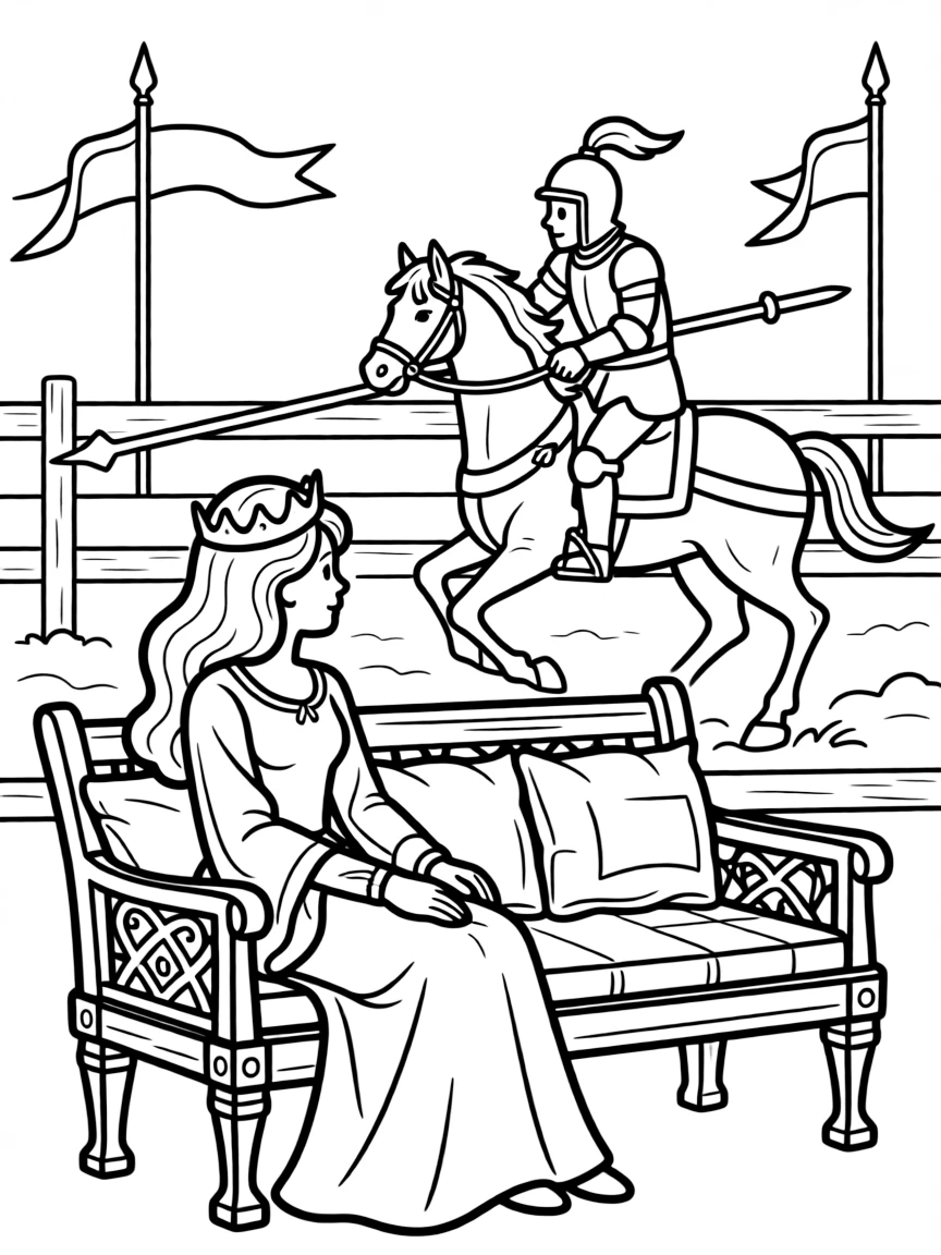 Queen Guinevere watching a jousting tournament with Lancelot competing