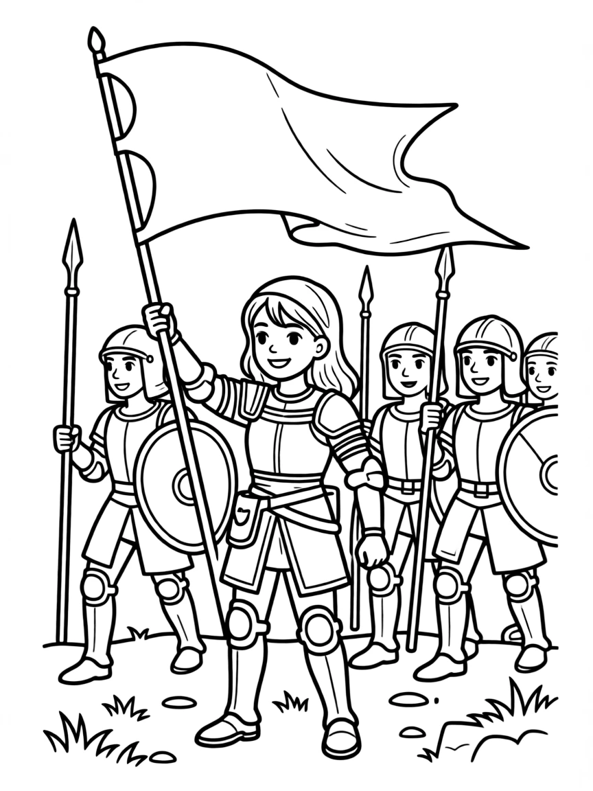 Joan of Arc leading French troops into battle with her banner raised