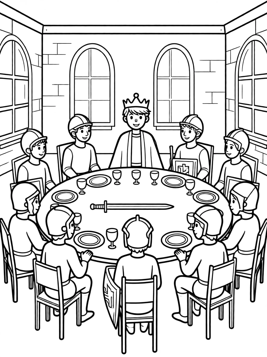 King Arthur and his knights gathered around the Round Table
