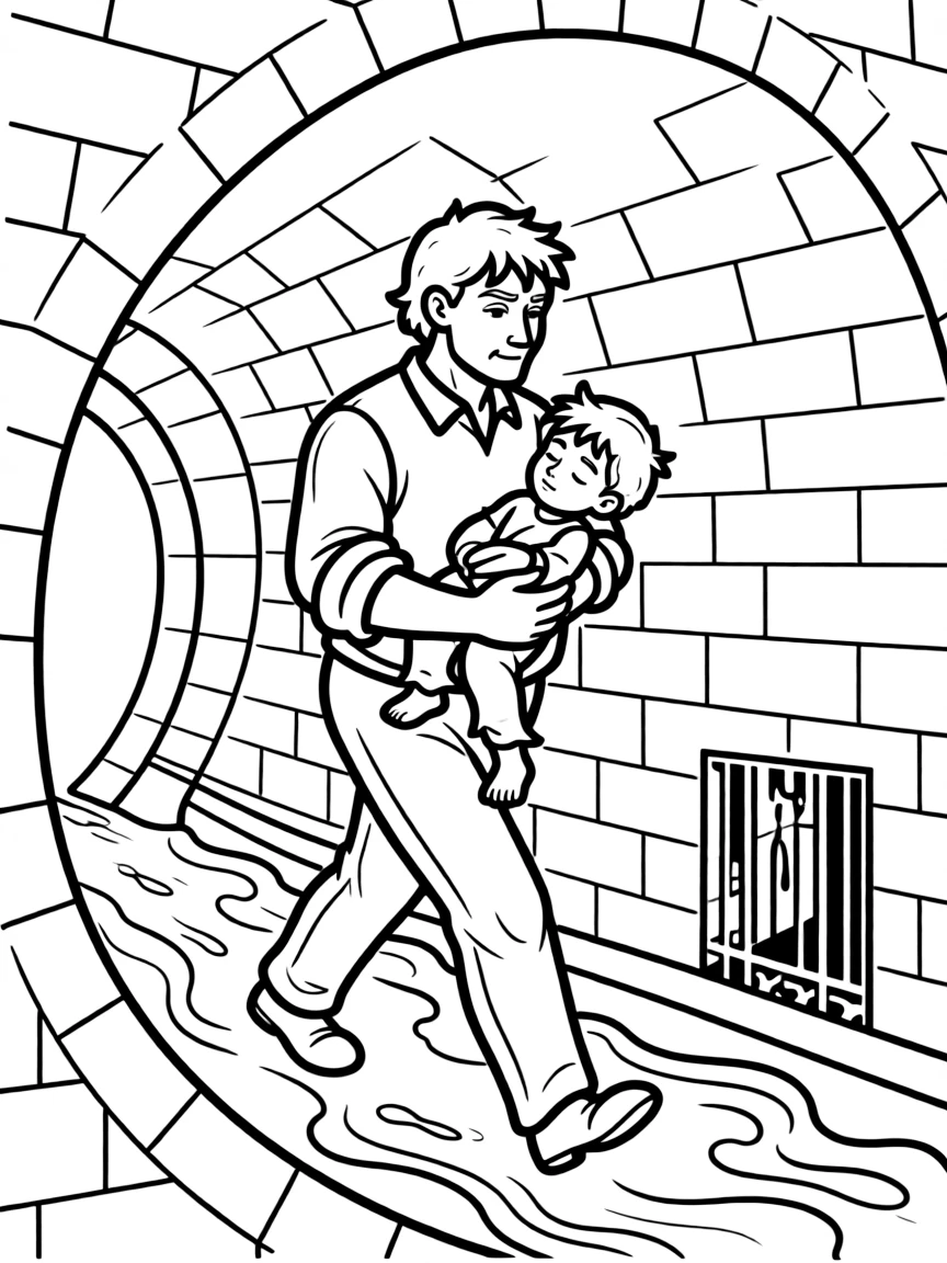 Jean Valjean carrying Marius through the sewers of Paris