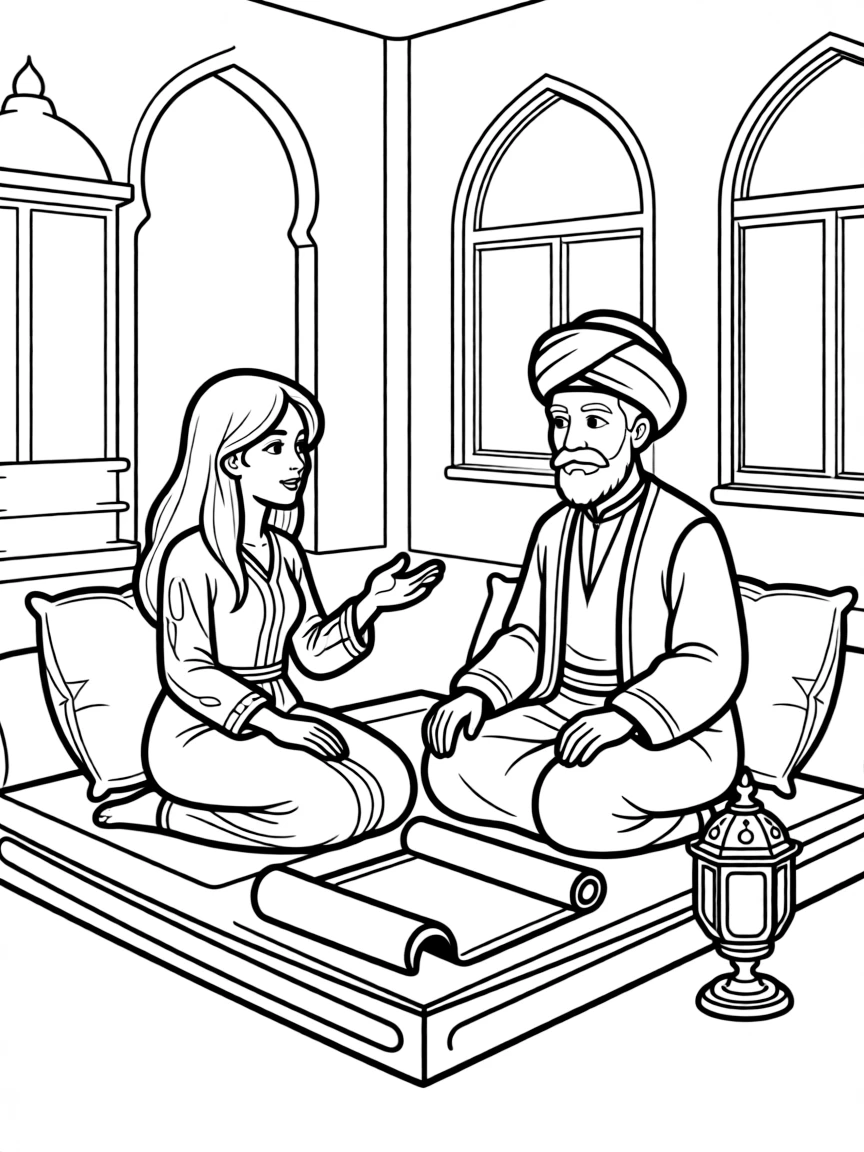 Scheherazade telling stories to the Sultan to save her life