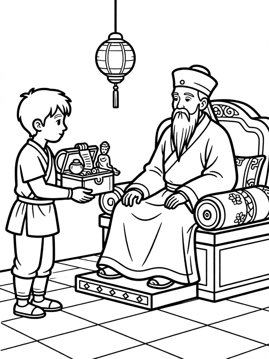Marco Polo presenting exotic gifts to Kublai Khan