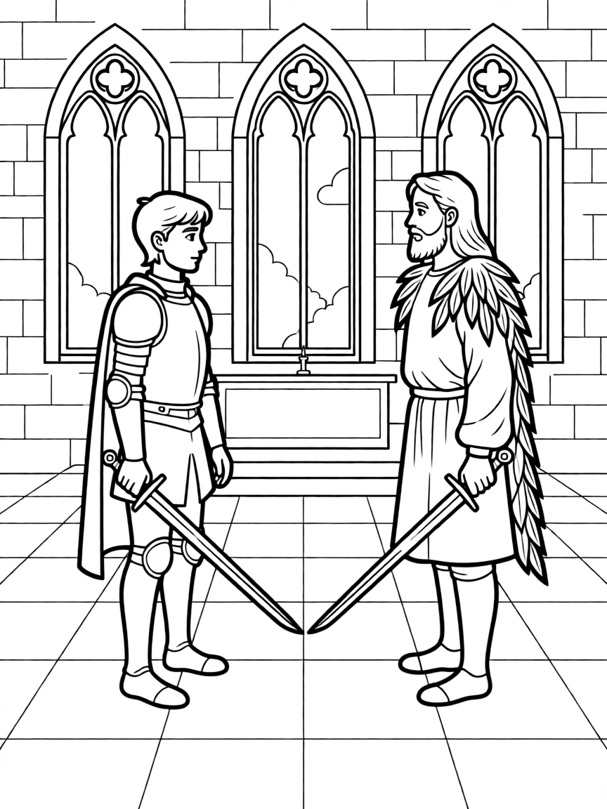 Sir Gawain confronting the Green Knight in the chapel