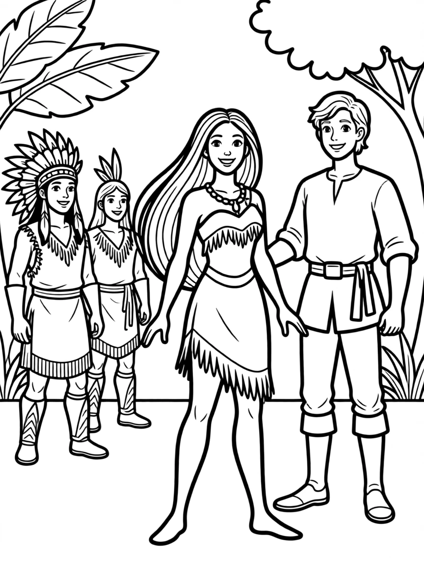 Pocahontas standing between John Smith and her tribal warriors