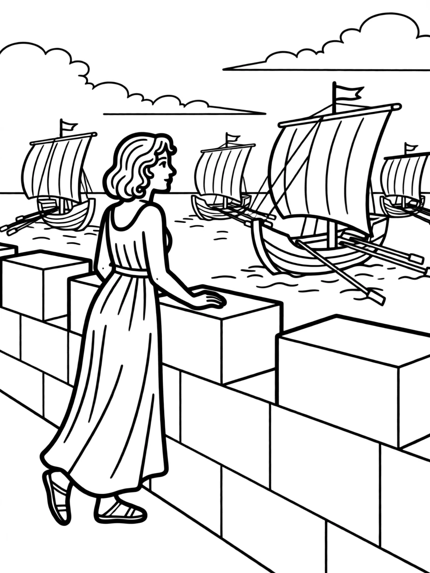 Helen of Troy watching Greek ships arrive from city walls