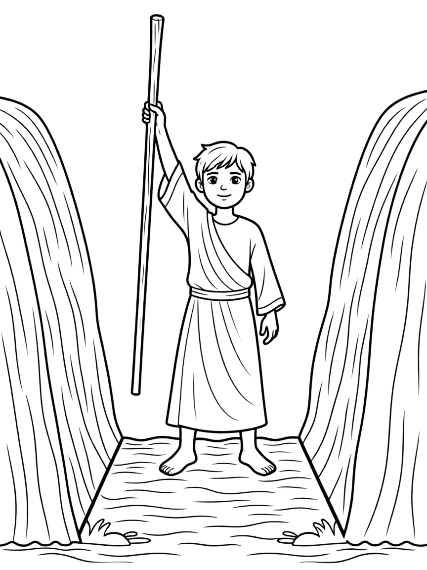 Moses parting the Red Sea with his staff raised