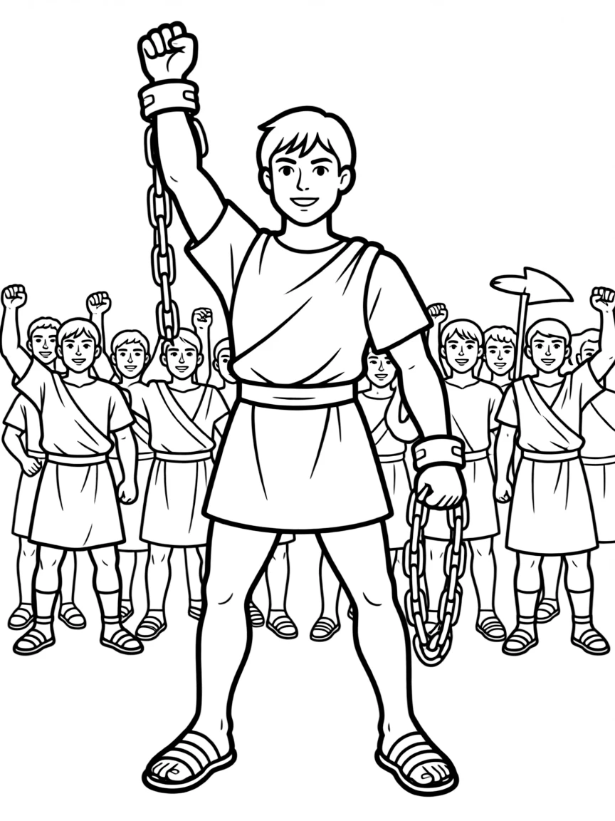 Spartacus breaking his chains and leading the slave rebellion