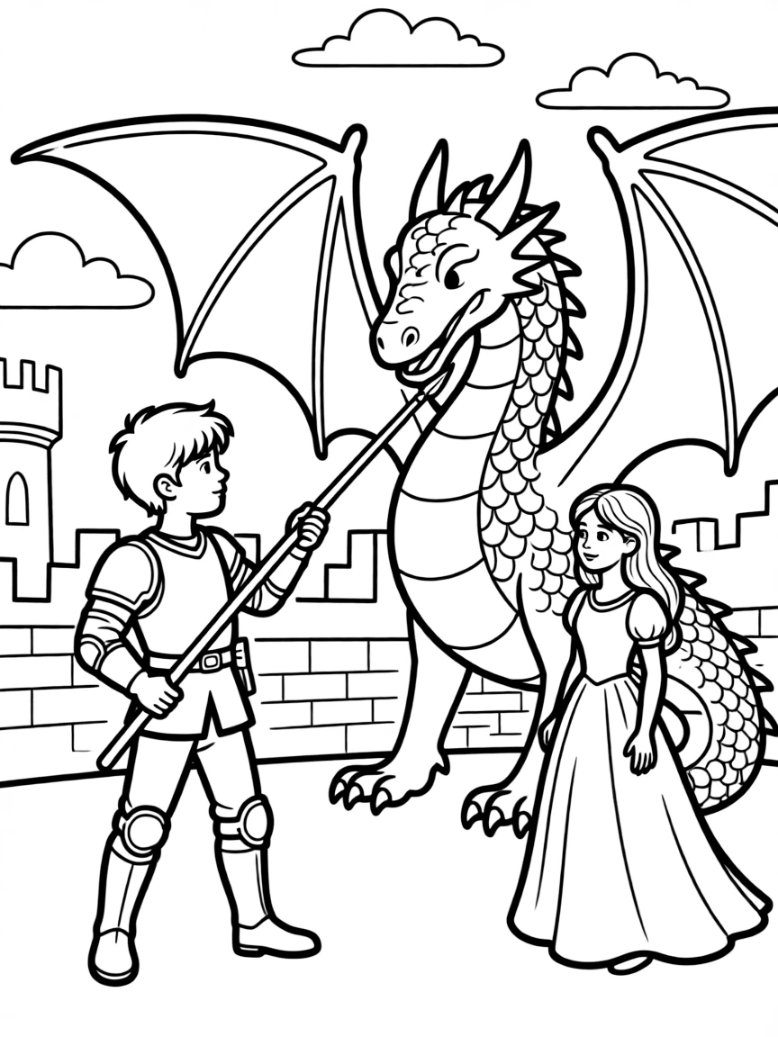 Saint George slaying the dragon to save the princess