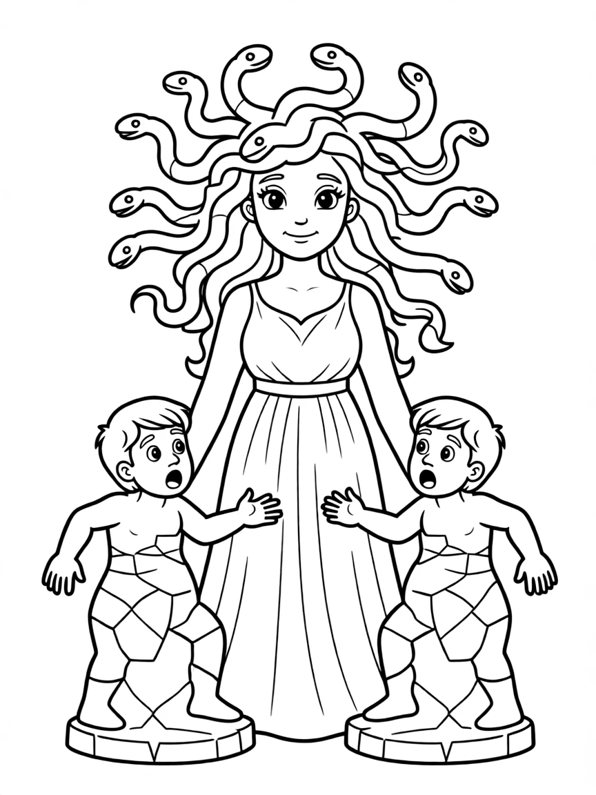 Medusa with snakes for hair turning men to stone