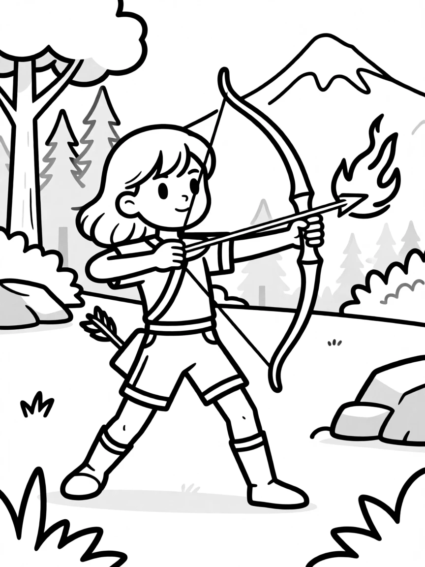 Katniss Everdeen shooting a flaming arrow in the Hunger Games arena