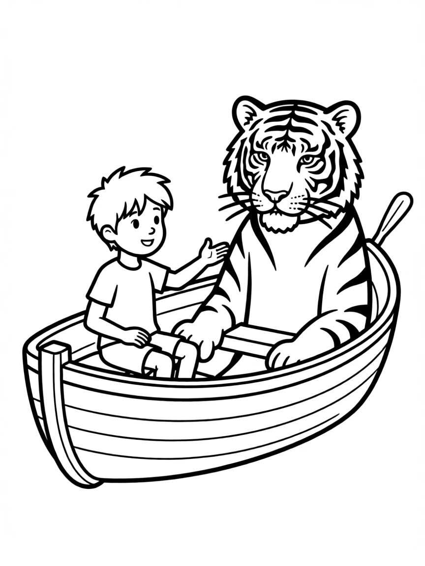 Pi Patel sharing his lifeboat with Richard Parker the tiger