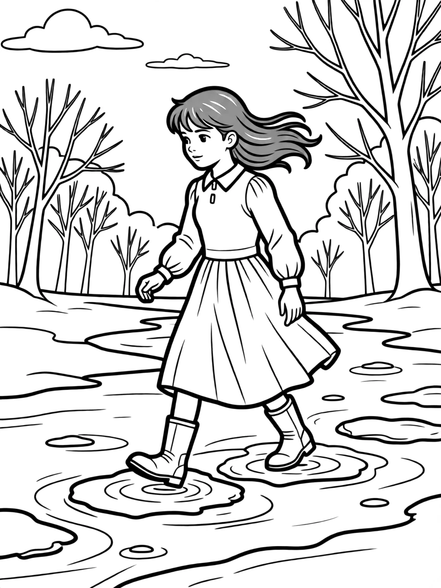 Caddie Woodlawn crossing the frozen river with her red hair flying