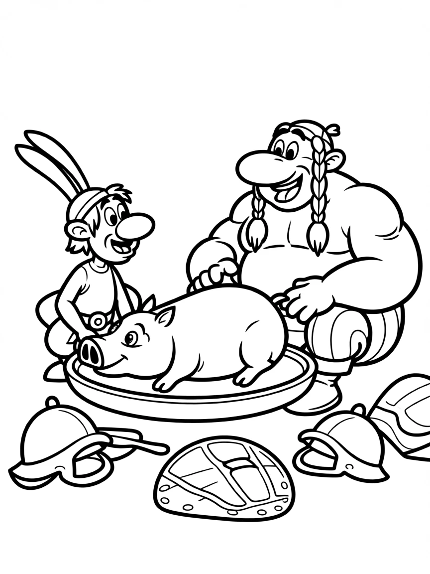 Asterix and Obelix sharing a wild boar feast after defeating Romans