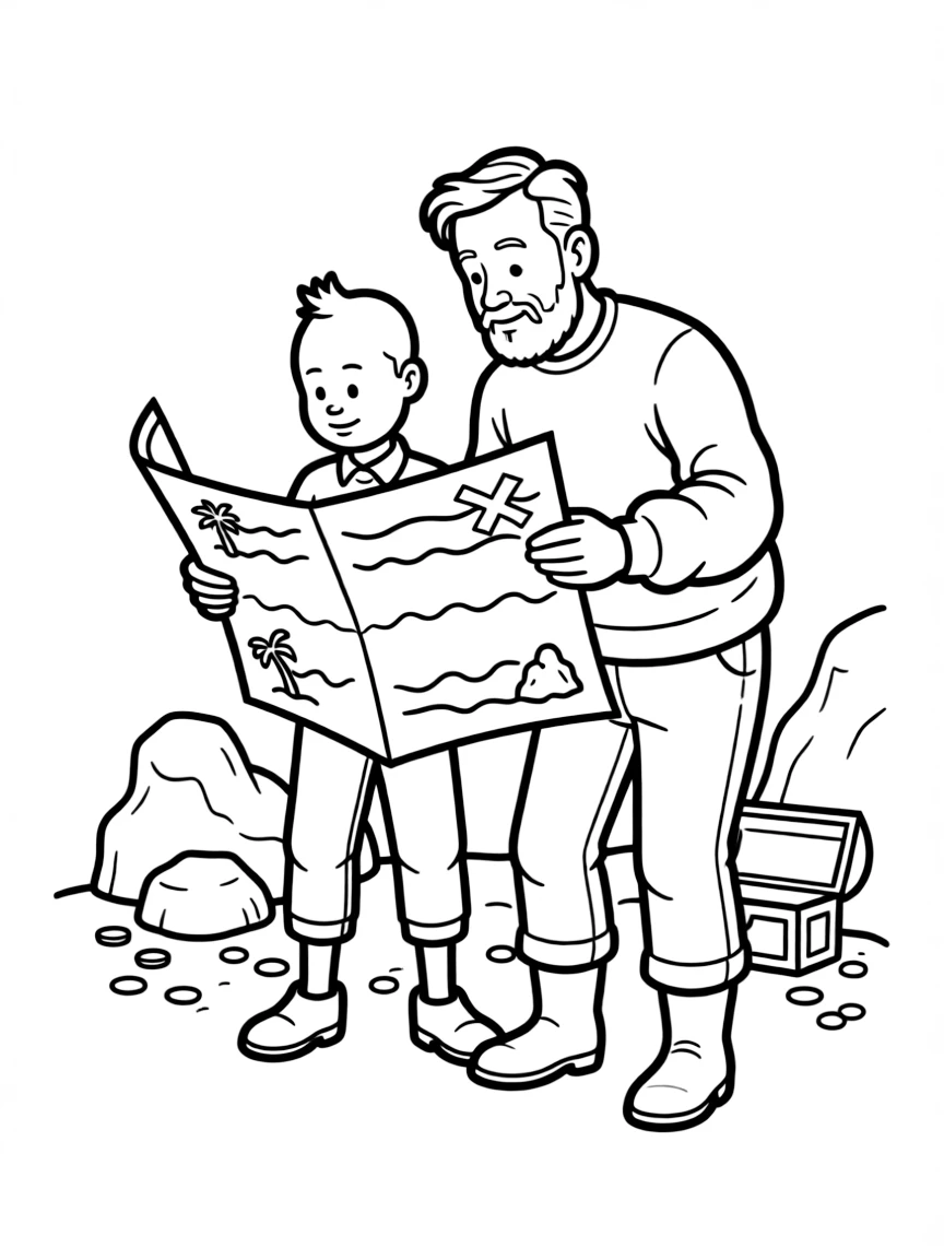 Tintin and Captain Haddock searching for treasure with a map