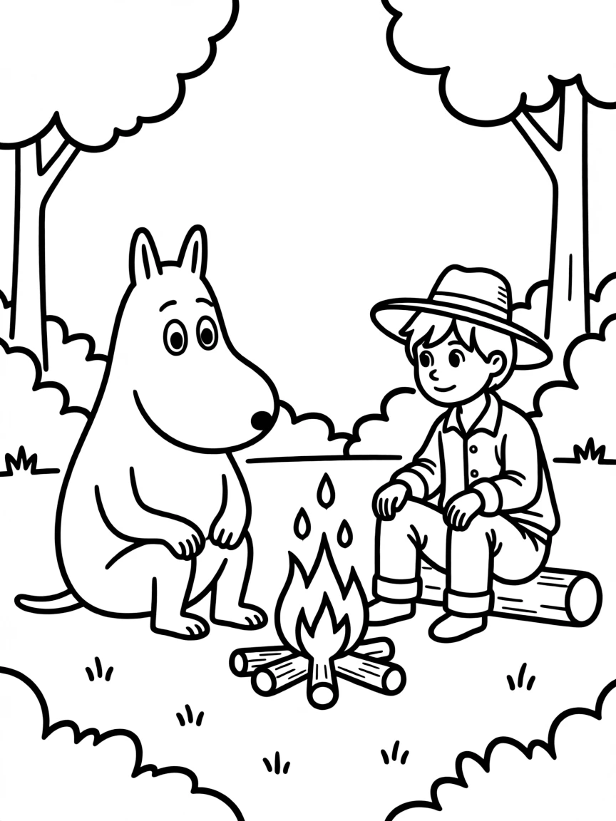 Moomintroll and Snufkin sitting by a campfire in Moominvalley