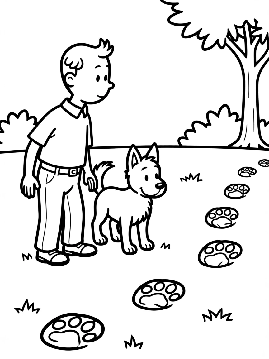 Tintin and Snowy investigating mysterious footprints