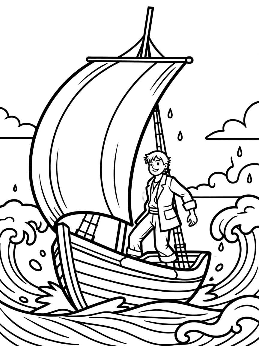 Corto Maltese sailing his ship through a storm