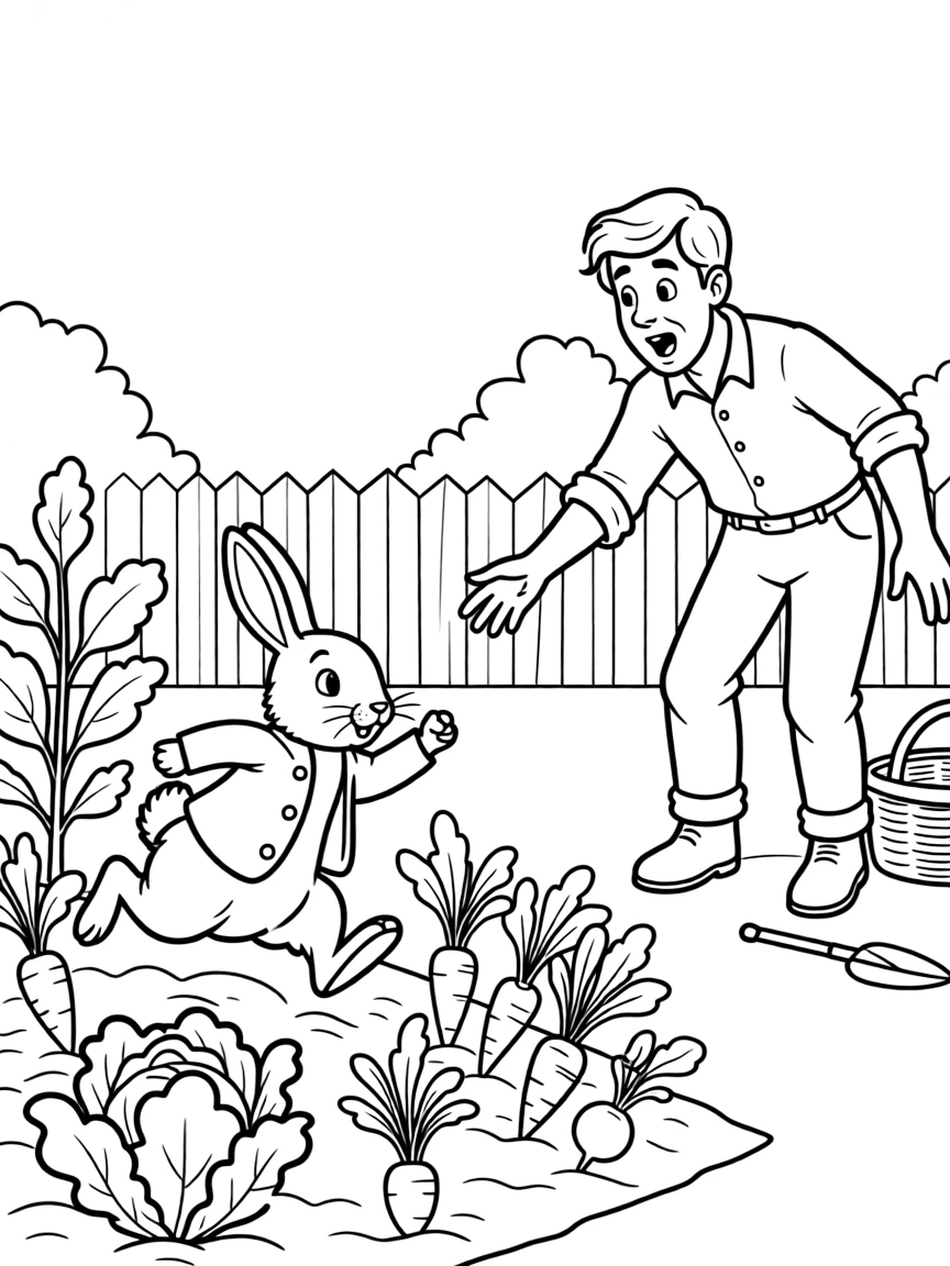 Peter Rabbit escaping from Mr. McGregor's garden