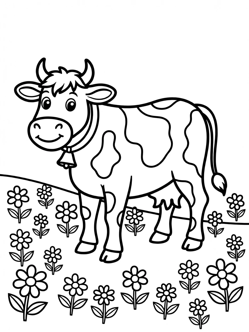 A gentle dairy cow with a spotted coat standing in a flower-filled meadow