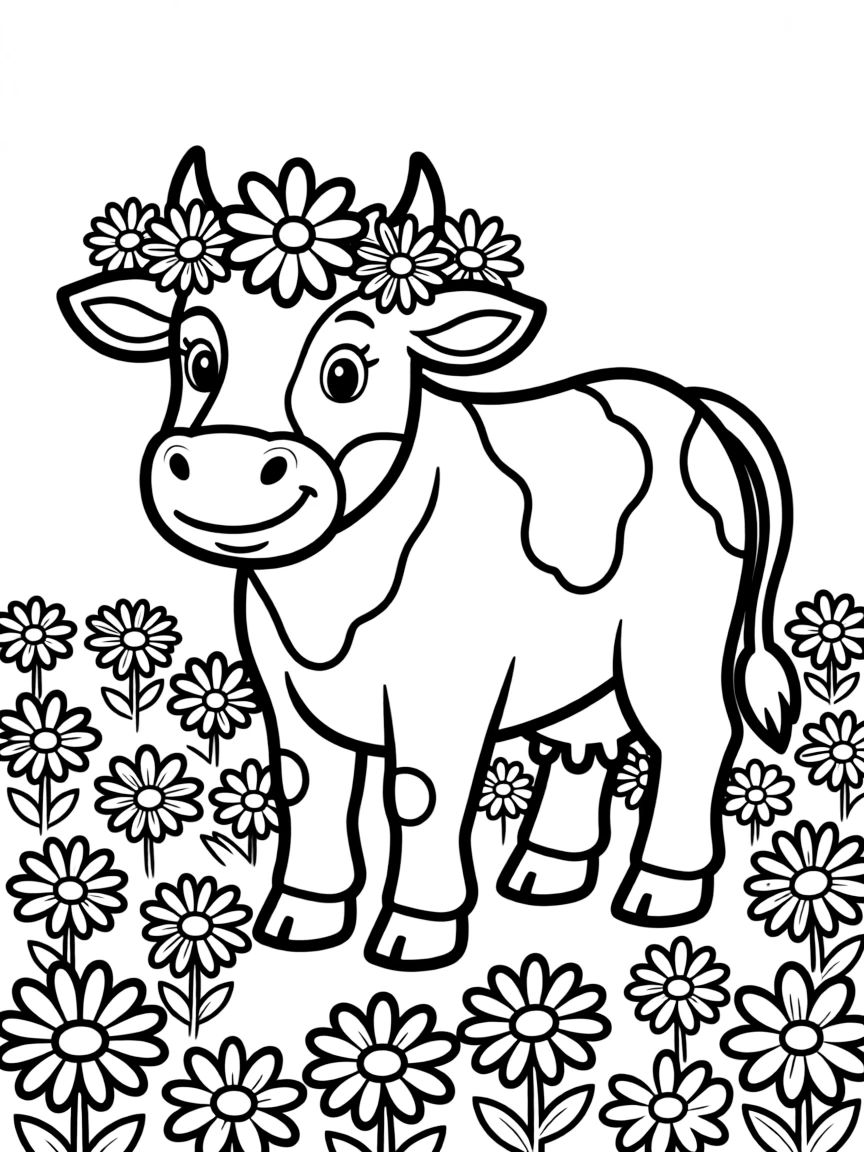 A cow wearing a flower crown while standing in a field of daisies