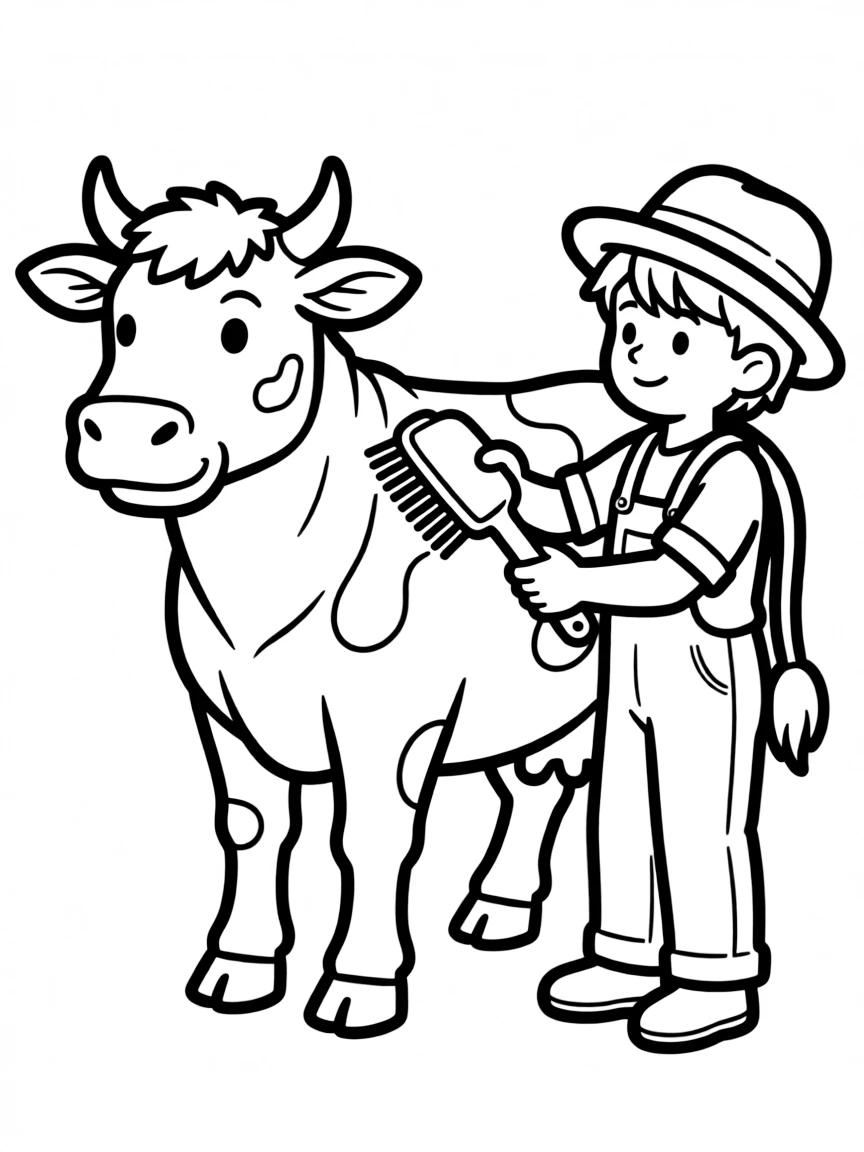 A cow enjoying being brushed by a young farmer with a grooming tool