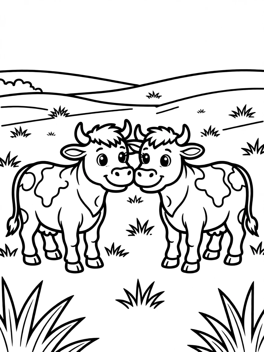 Two cows rubbing heads affectionately in the middle of a pasture