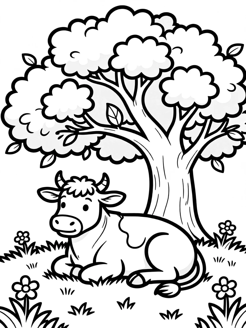 A cow relaxing under the shade of a large oak tree