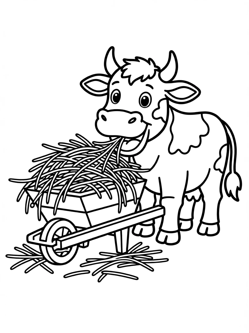 A cow munching on a pile of fresh hay spilling from a wheelbarrow