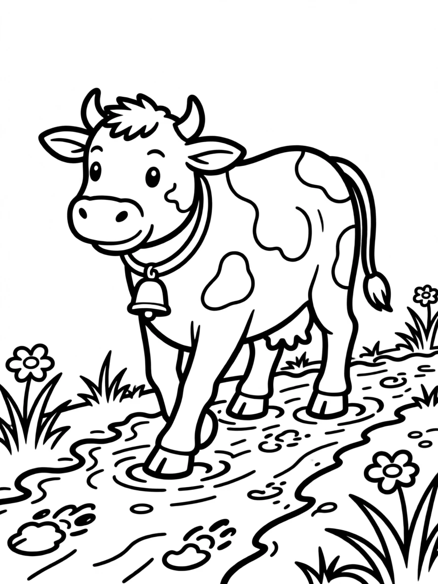 A cow leaving hoof prints along a muddy farm path