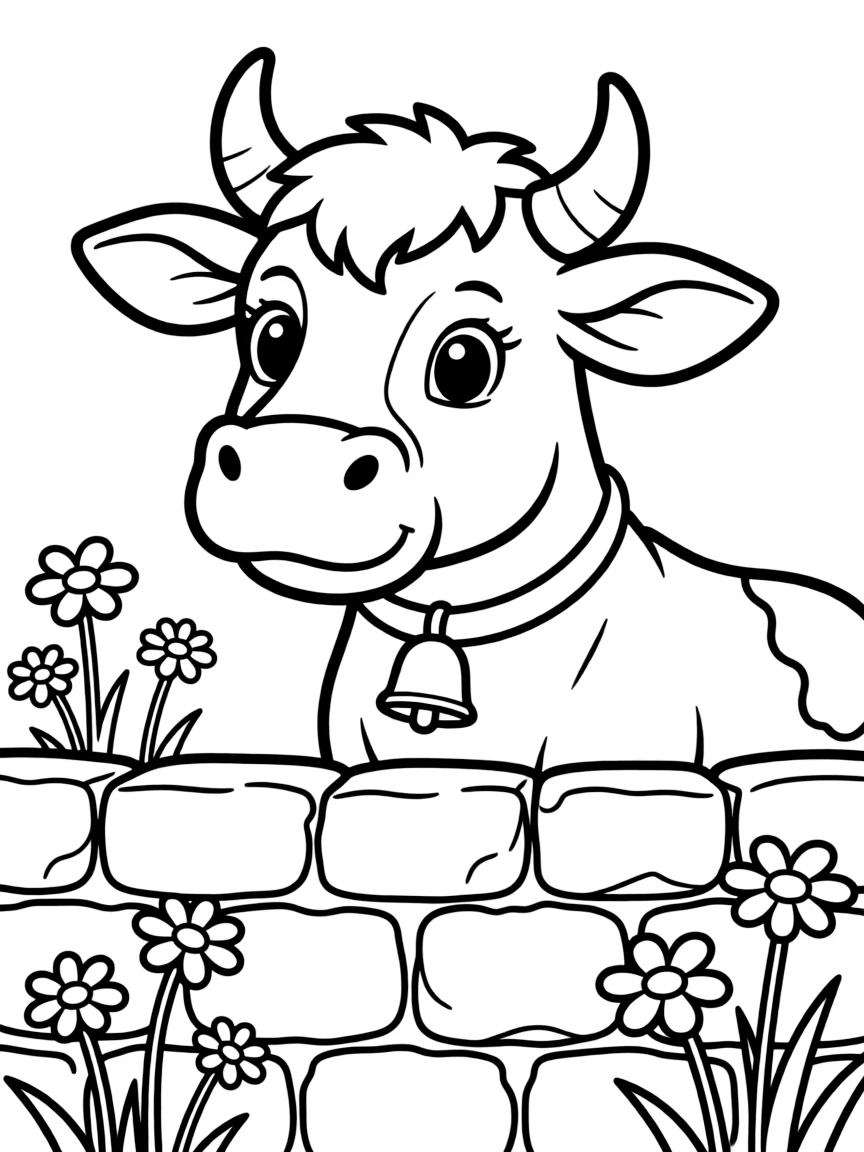 A cow looking over a stone wall with wild flowers growing around it