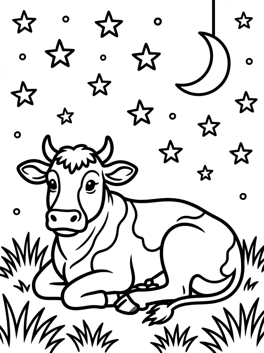 A cow resting peacefully under a starry night sky