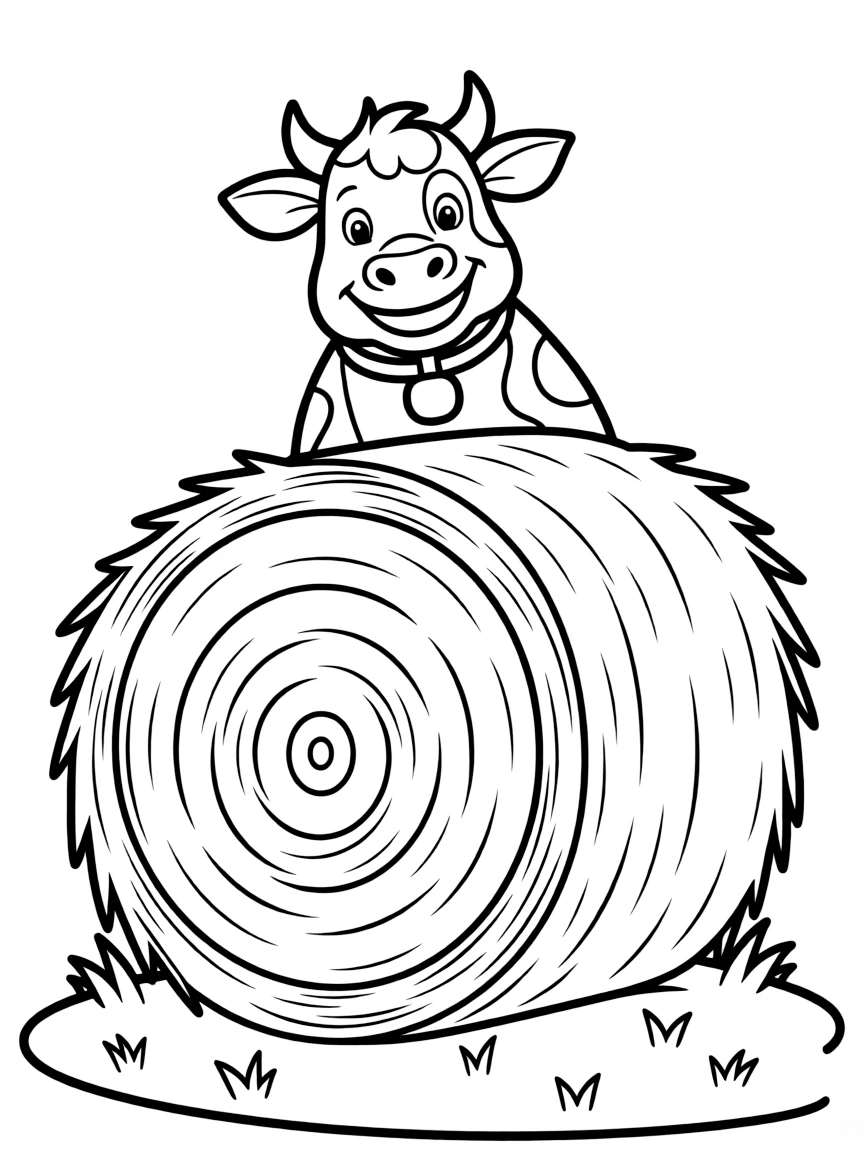 A cow peeking out from behind a large round hay bale