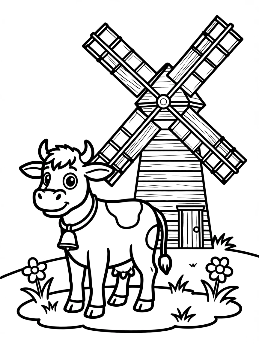 A cow standing in front of an old-fashioned windmill