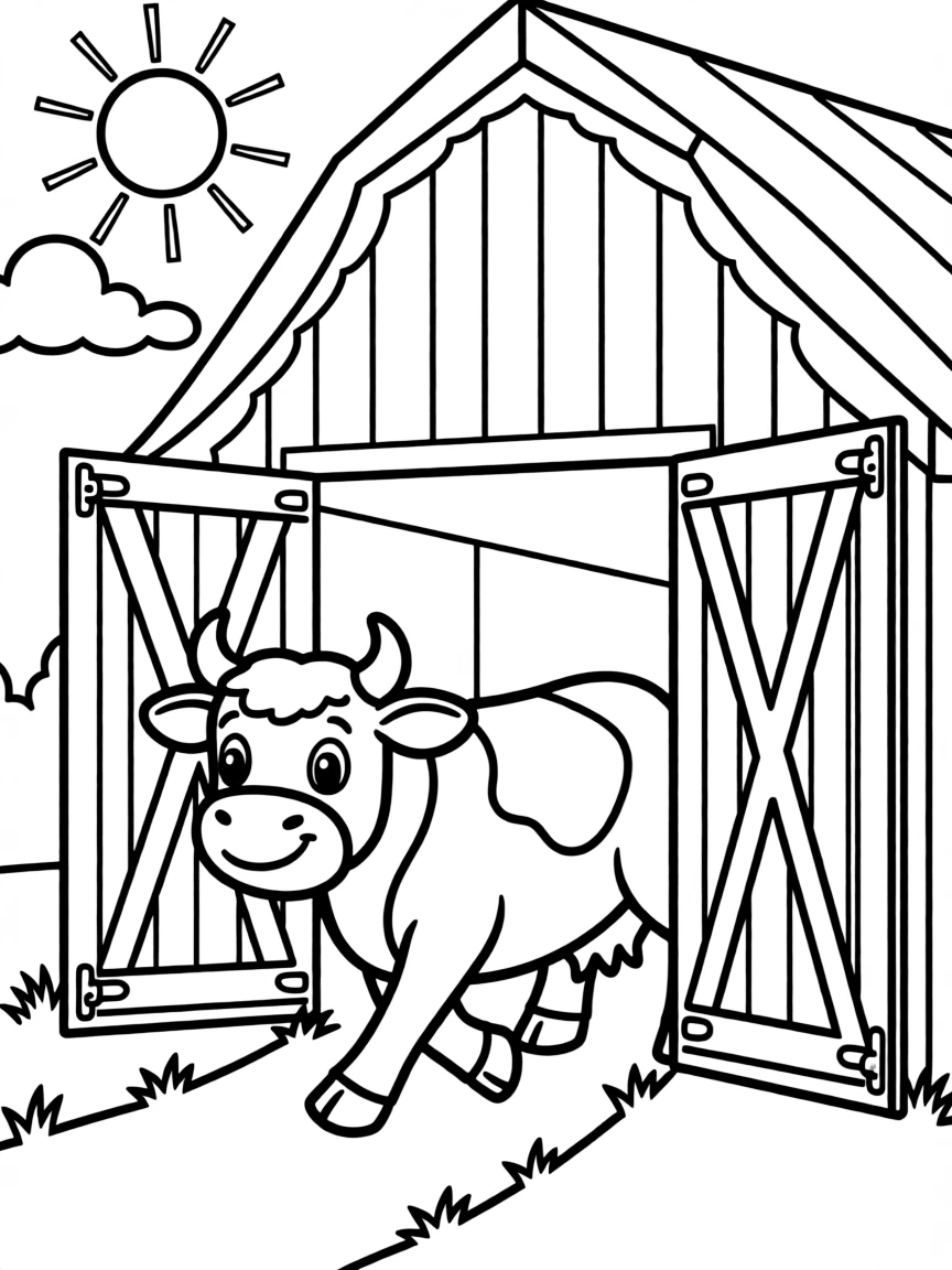 A cow leaving the barn through Dutch doors into a sunny day