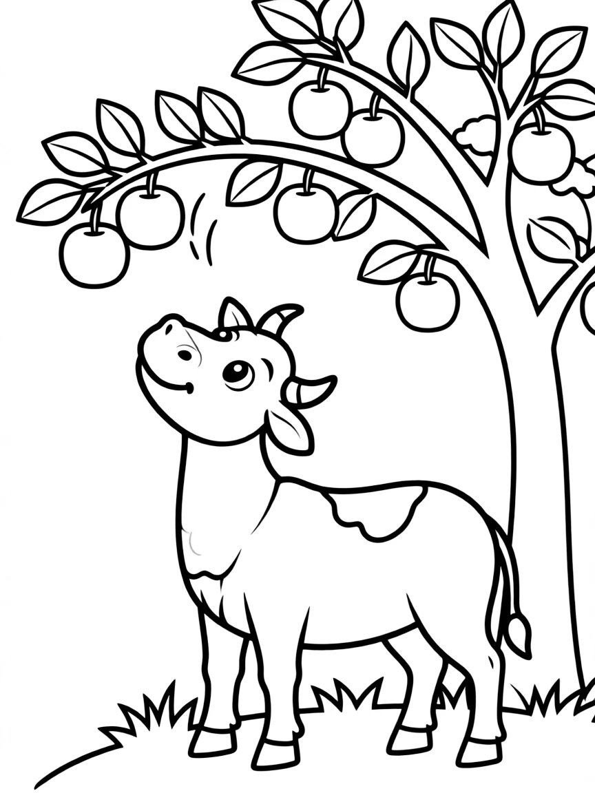A cow stretching its neck to reach apples hanging from a tree