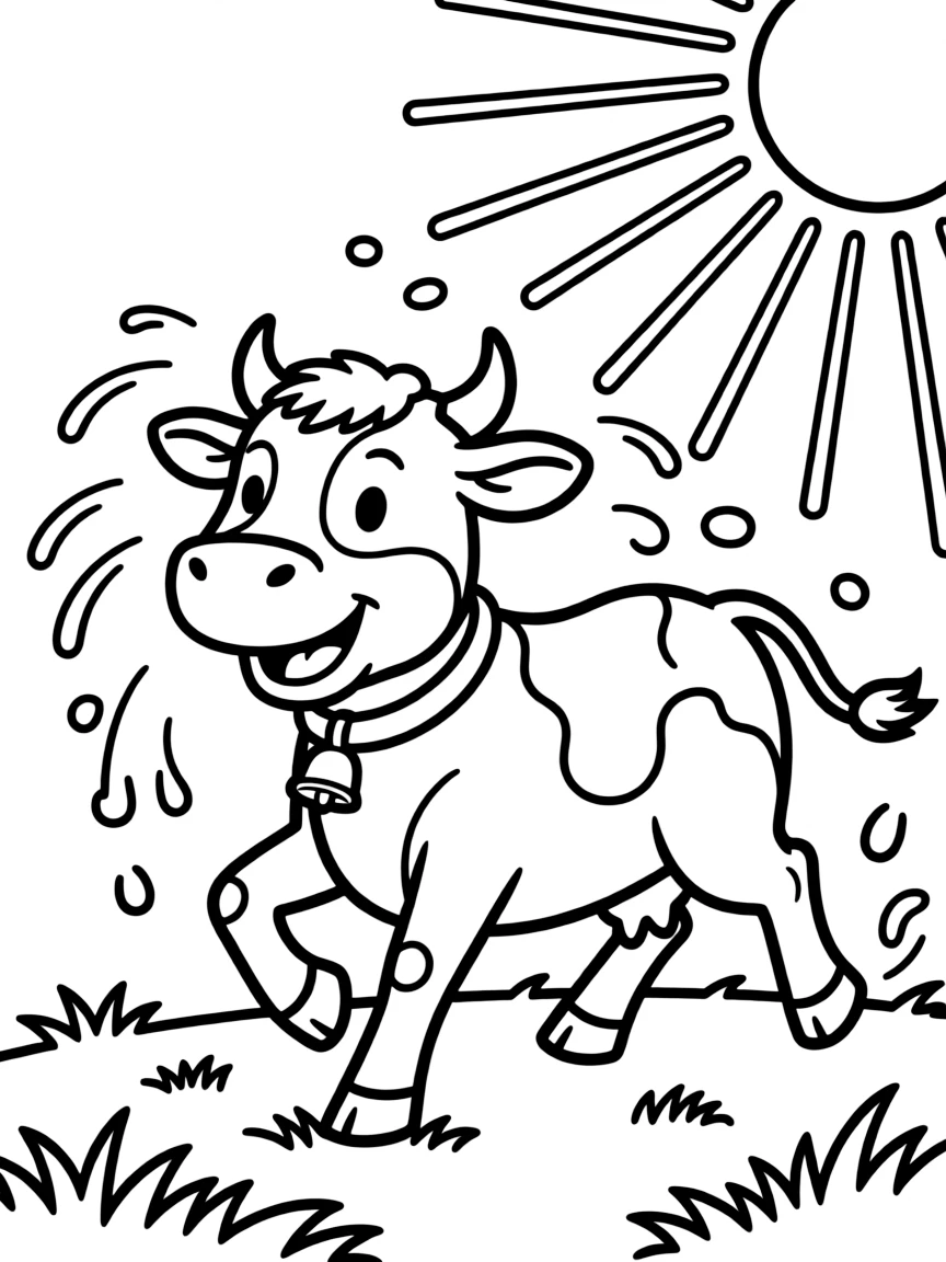 A cow trotting happily through a sprinkler on a hot day